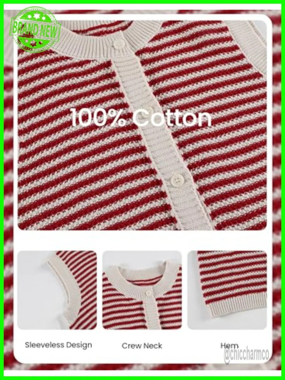 100% Cotton Sleeveless Striped Knit Sweater Vest Button Down Tunic Top